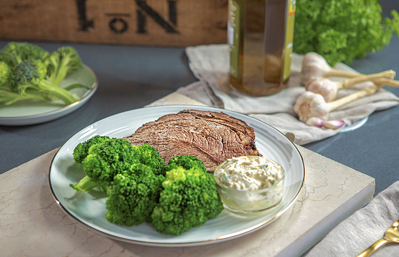 Herb-Crusted Sirloin Tip Roast with Creamy Horseradish-Chive Sauce